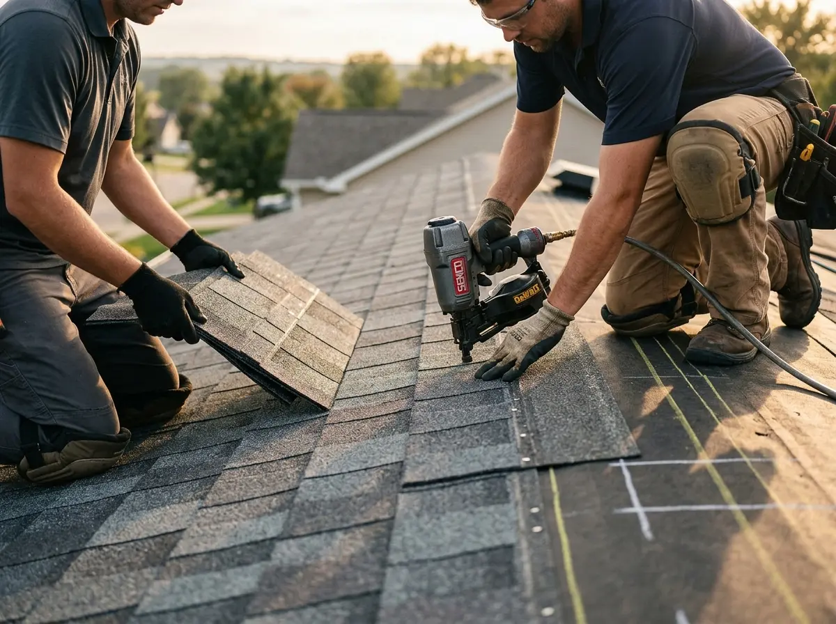 Professional roofer working on a residential roof in Junction City
